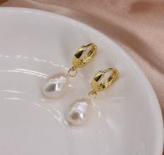 Gold Huggie Hoops with Baroque Pearl Drops